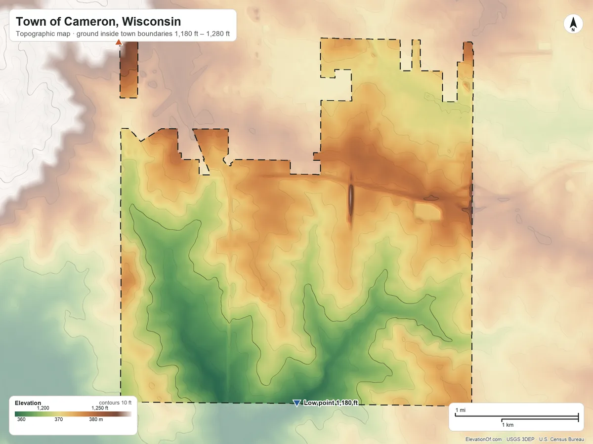 Topographic elevation map of Town of Cameron, Wisconsin, shaded from 1,180 ft on the south side to 1,280 ft on the northwest side