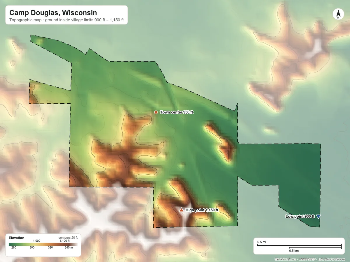 Topographic elevation map of Camp Douglas, Wisconsin, shaded from 900 ft on the southeast side to 1,150 ft on the south side
