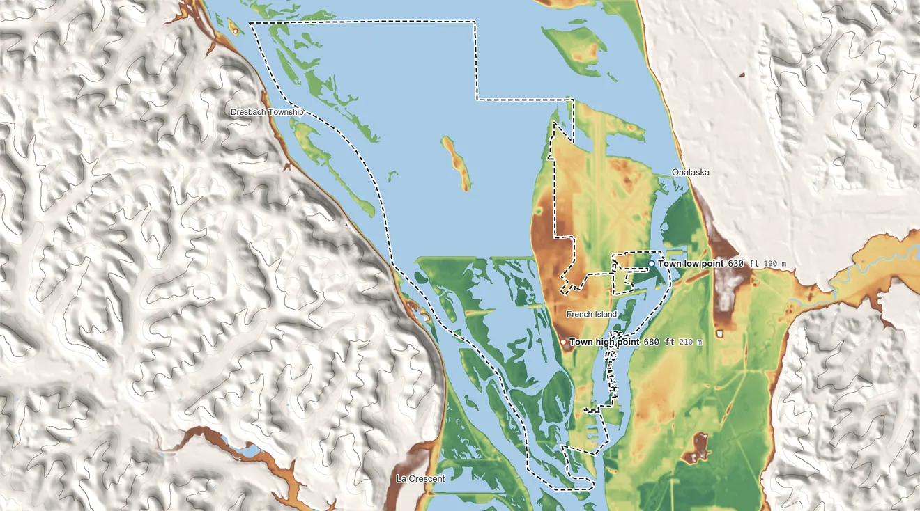 Topographic elevation map of Campbell, Wisconsin, shaded from 630 ft on the northeast side to 680 ft on the south edge, below higher ground just outside