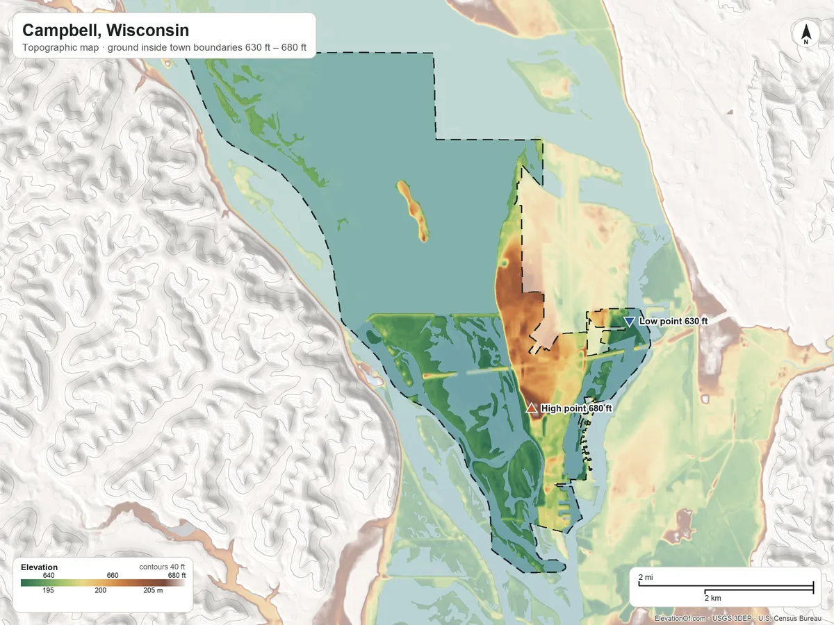 Topographic elevation map of Campbell, Wisconsin, shaded from 630 ft on the northeast side to 680 ft on the south edge, below higher ground just outside