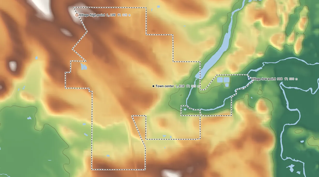 Topographic elevation map of Campbellsport, Wisconsin, shaded from 980 ft on the east side to 1,100 ft on the northwest side