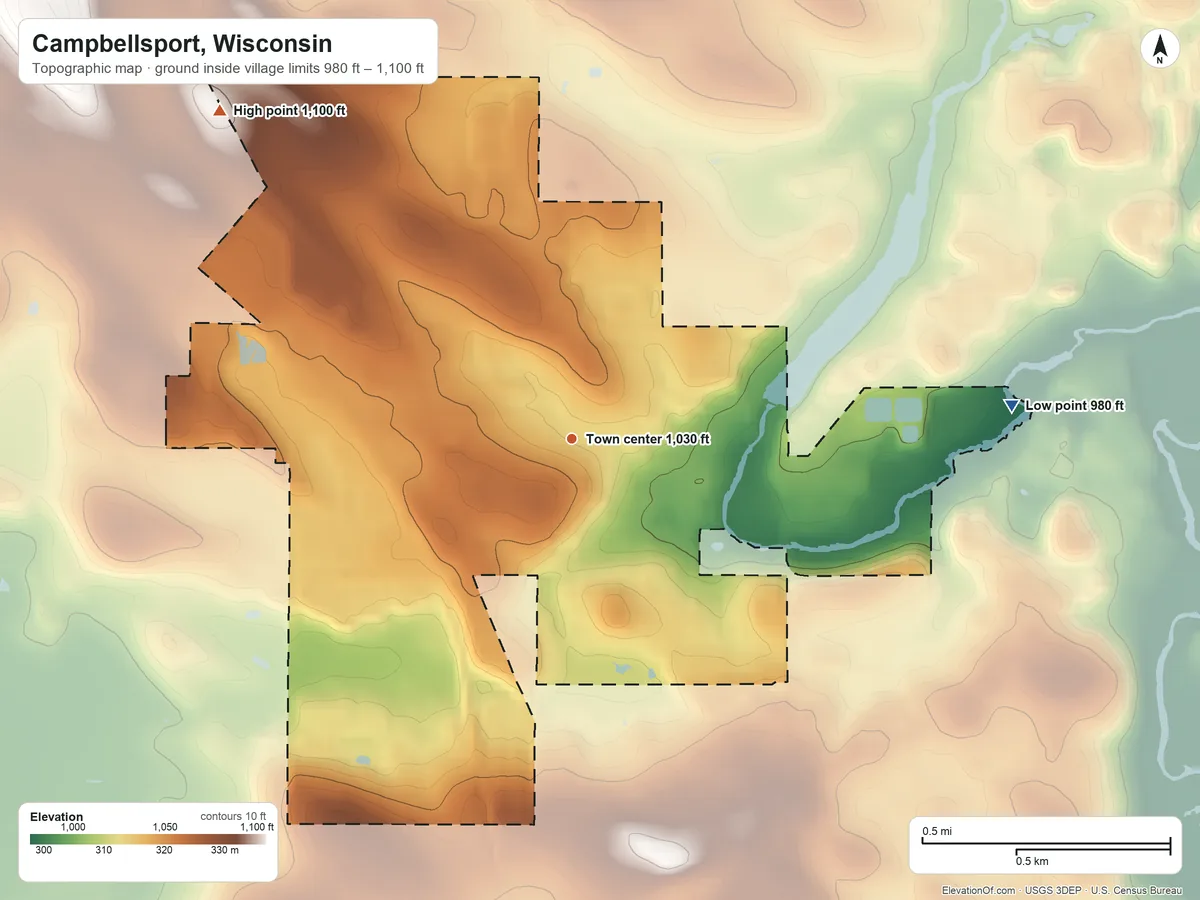 Topographic elevation map of Campbellsport, Wisconsin, shaded from 980 ft on the east side to 1,100 ft on the northwest side