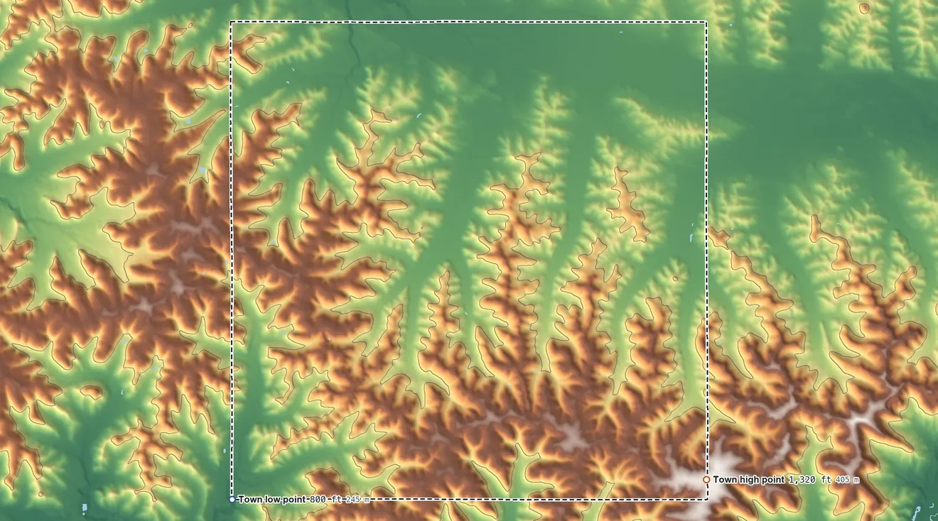Topographic elevation map of Canton, Wisconsin, shaded from 800 ft on the southwest side to 1,320 ft on the southeast side