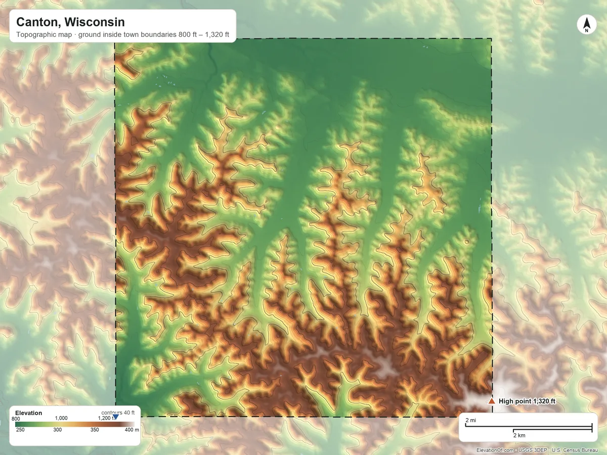 Topographic elevation map of Canton, Wisconsin, shaded from 800 ft on the southwest side to 1,320 ft on the southeast side