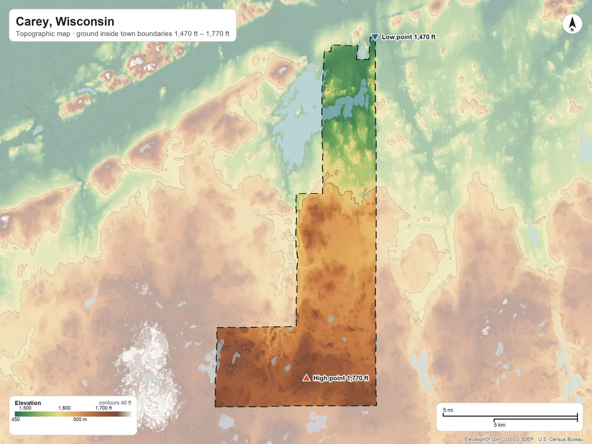 Topographic elevation map of Carey, Wisconsin, shaded from 1,470 ft on the north side to 1,770 ft on the south side