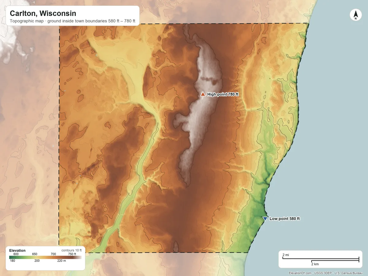 Topographic elevation map of Carlton, Wisconsin, shaded from 580 ft on the southeast side to 780 ft on the northeast side