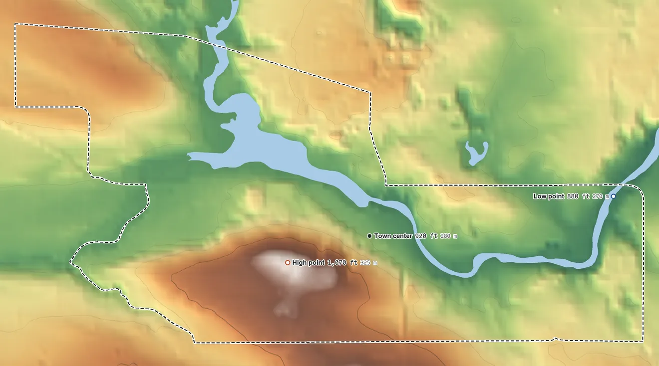 Topographic elevation map of Caroline, Wisconsin, shaded from 880 ft on the east side to 1,070 ft on the west side