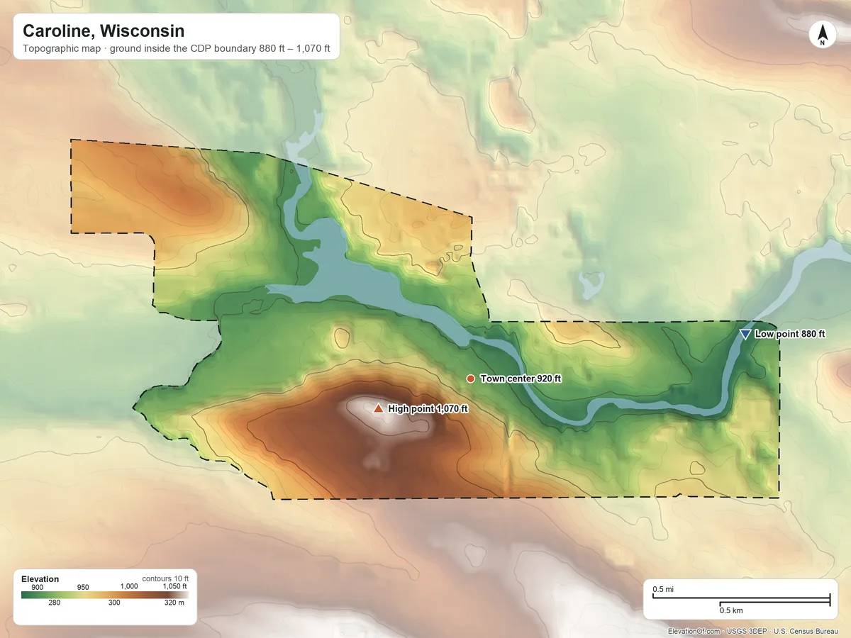 Topographic elevation map of Caroline, Wisconsin, shaded from 880 ft on the east side to 1,070 ft on the west side