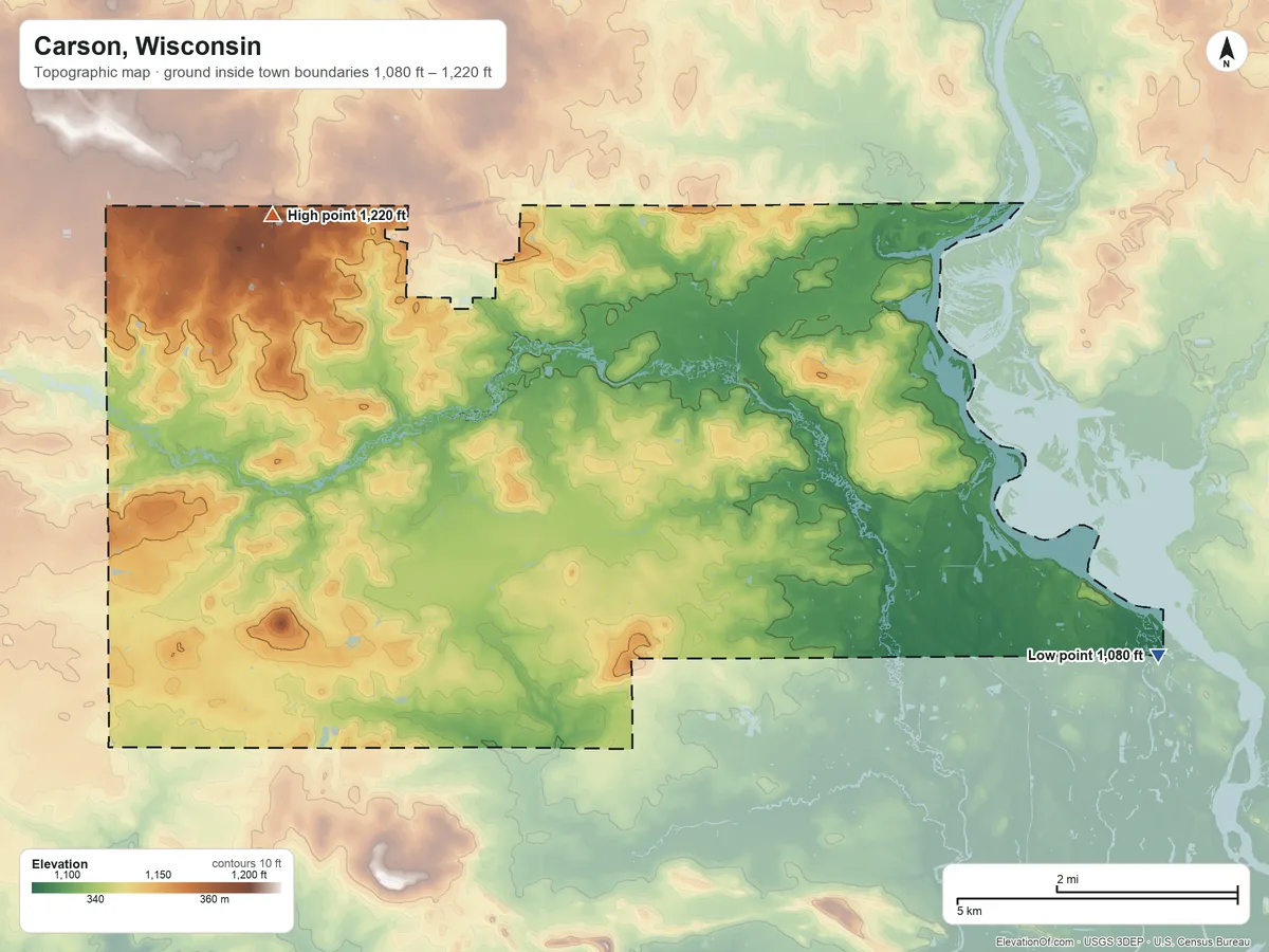 Topographic elevation map of Carson, Wisconsin, shaded from 1,080 ft on the east side to 1,220 ft on the northwest side