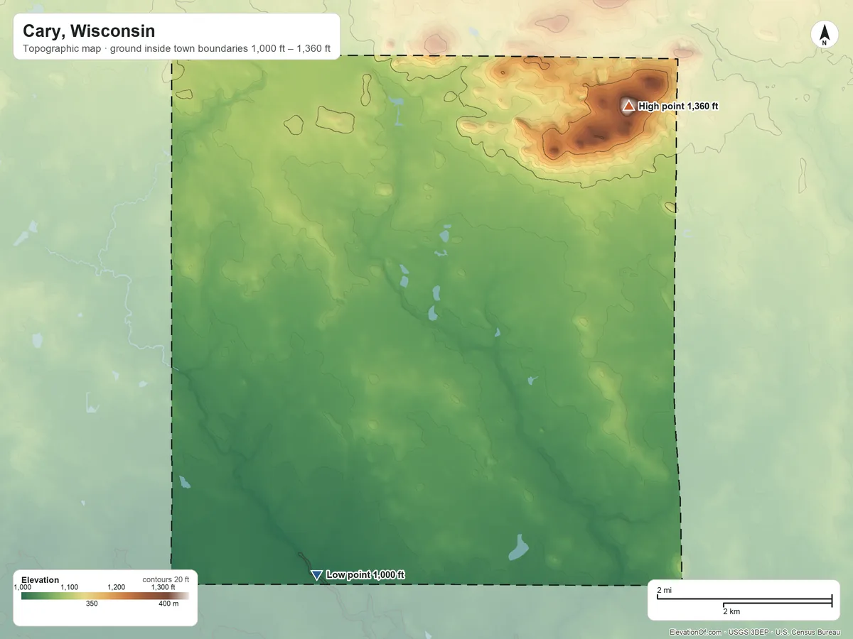 Topographic elevation map of Cary, Wisconsin, shaded from 1,000 ft on the south side to 1,360 ft on the northeast side