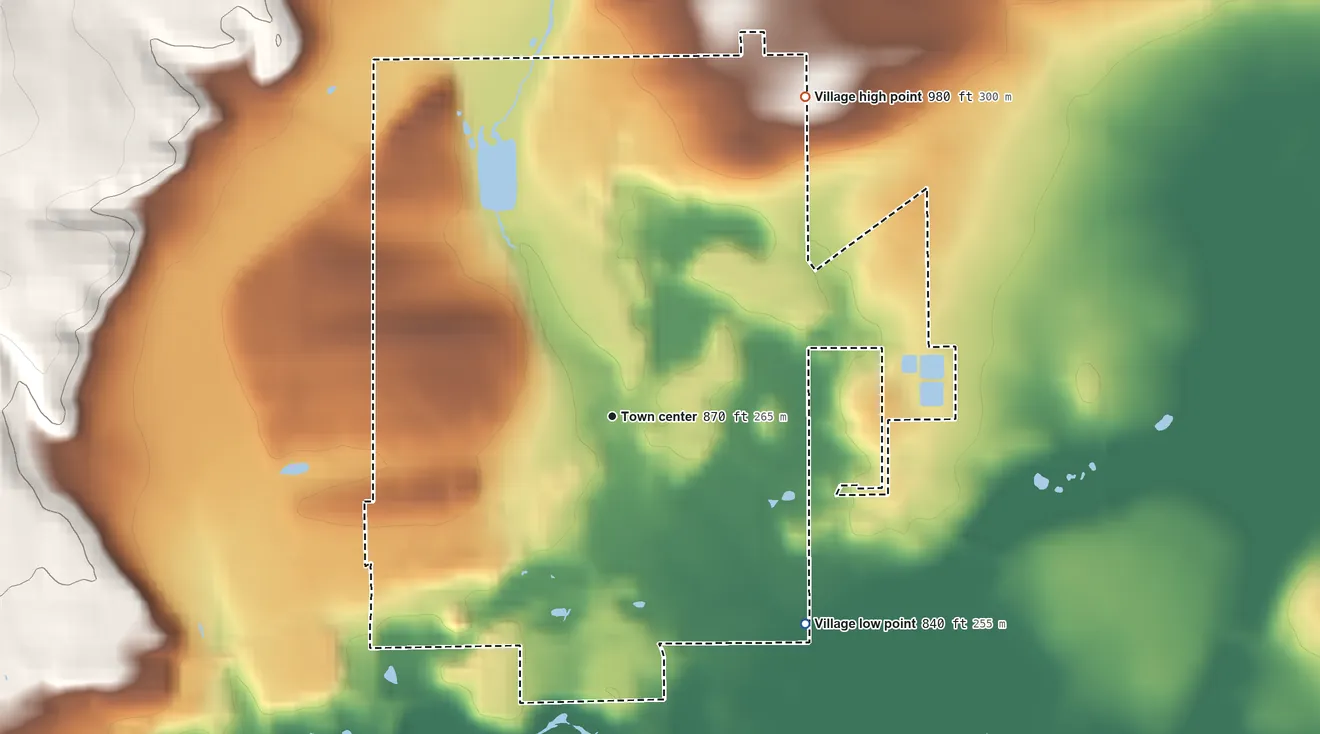 Topographic elevation map of Cascade, Wisconsin, shaded from 840 ft on the southeast side to 980 ft on the northeast side
