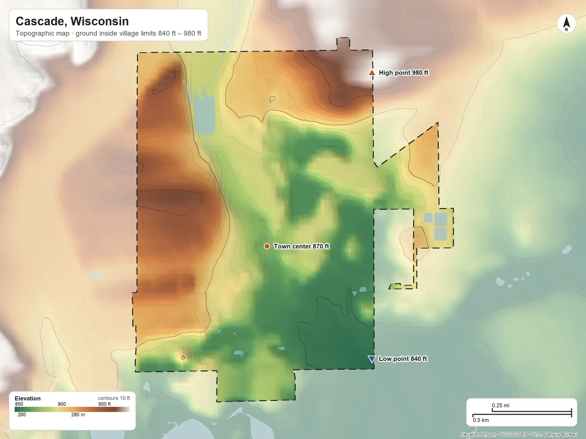Topographic elevation map of Cascade, Wisconsin, shaded from 840 ft on the southeast side to 980 ft on the northeast side