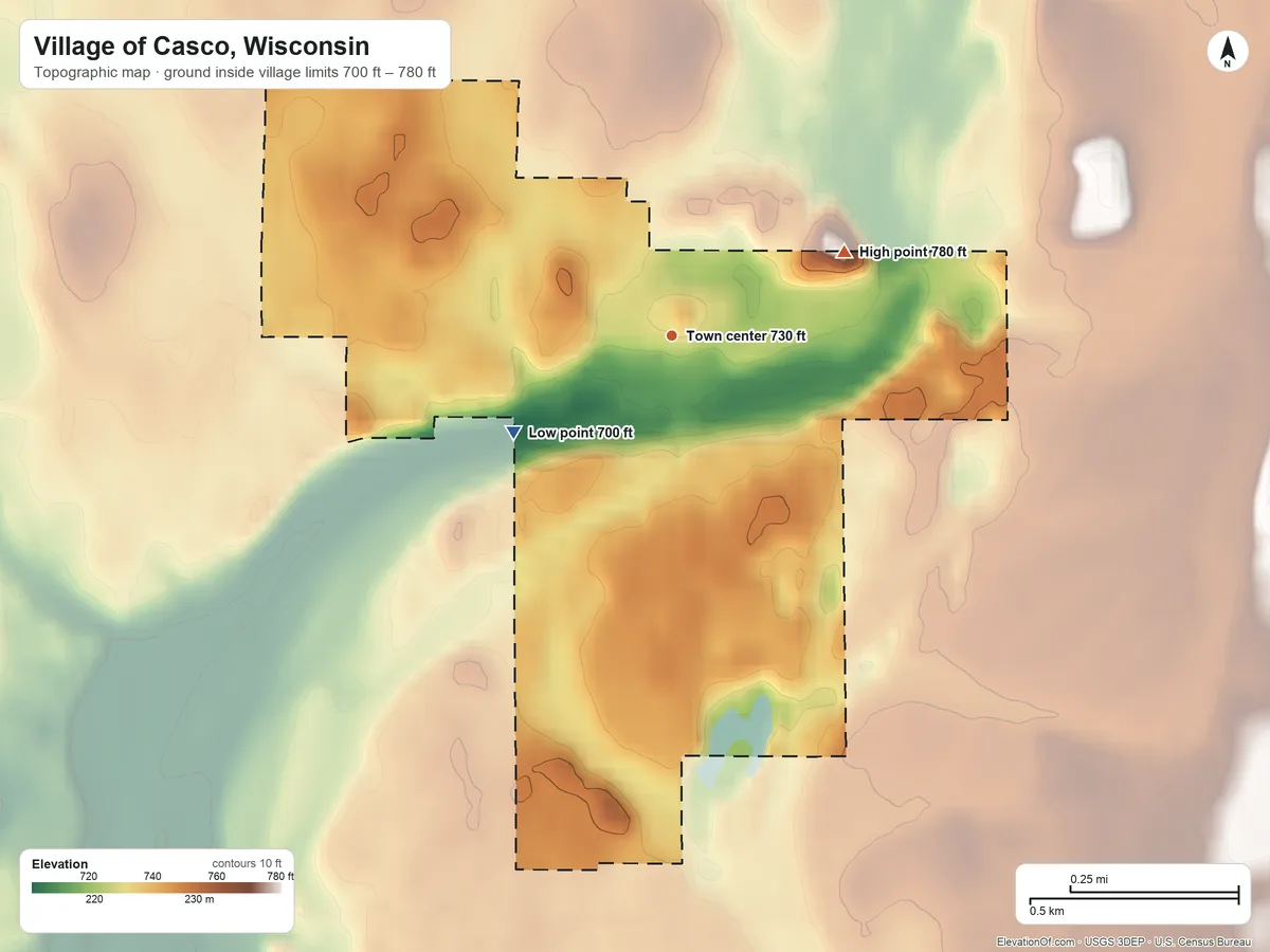 Topographic elevation map of Village of Casco, Wisconsin, shaded from 700 ft on the southwest side to 780 ft on the northeast side