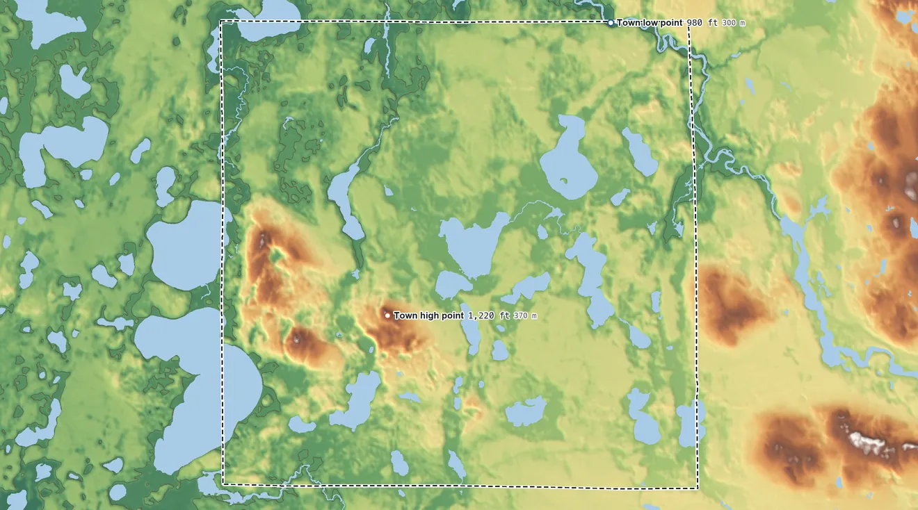 Topographic elevation map of Casey, Wisconsin, shaded from 980 ft on the north side to 1,220 ft on the west side
