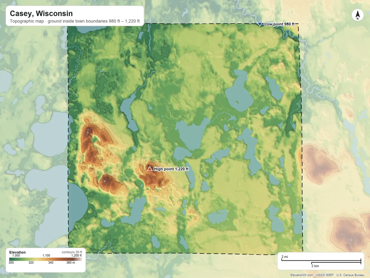 Topographic elevation map of Casey, Wisconsin, shaded from 980 ft on the north side to 1,220 ft on the west side