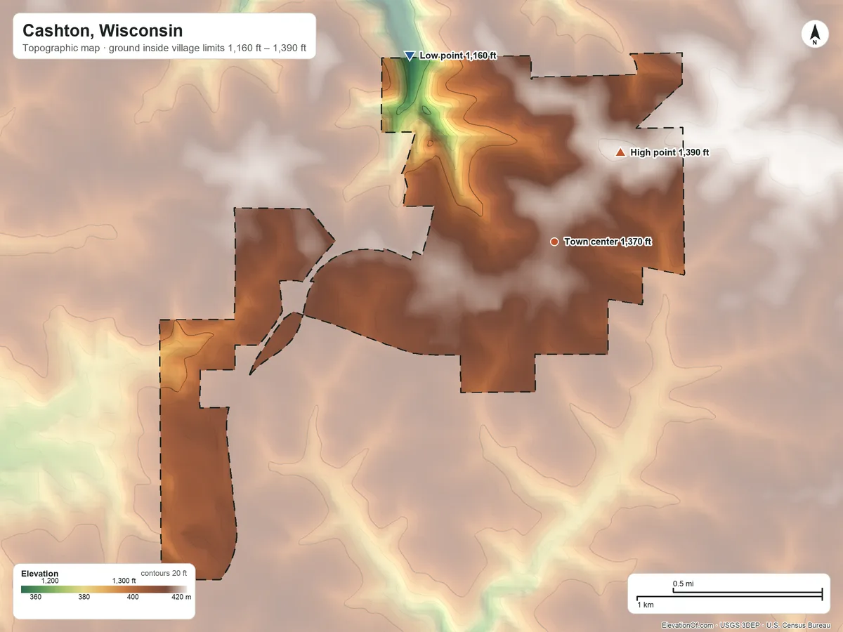 Topographic elevation map of Cashton, Wisconsin, shaded from 1,160 ft on the northwest side to 1,390 ft on the northeast side