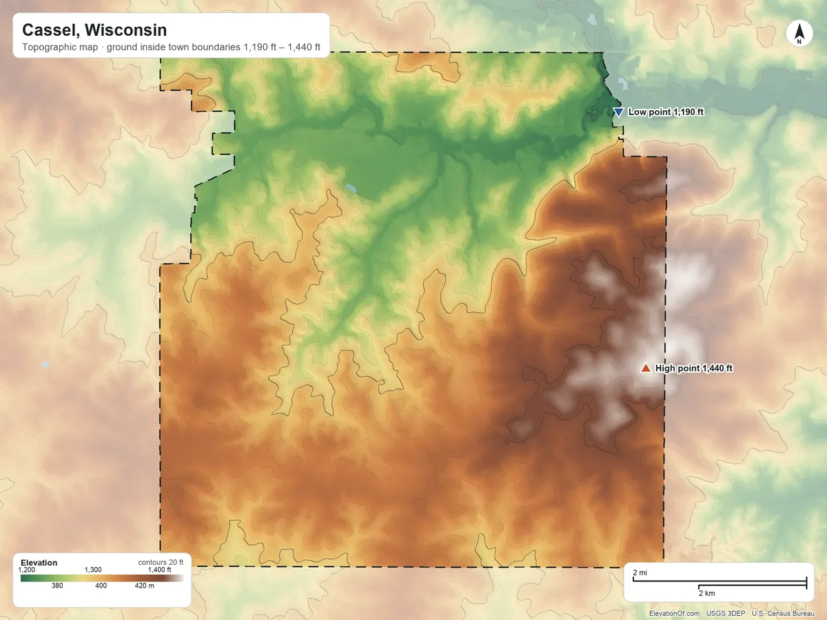 Topographic elevation map of Cassel, Wisconsin, shaded from 1,190 ft on the northeast side to 1,440 ft on the southeast side