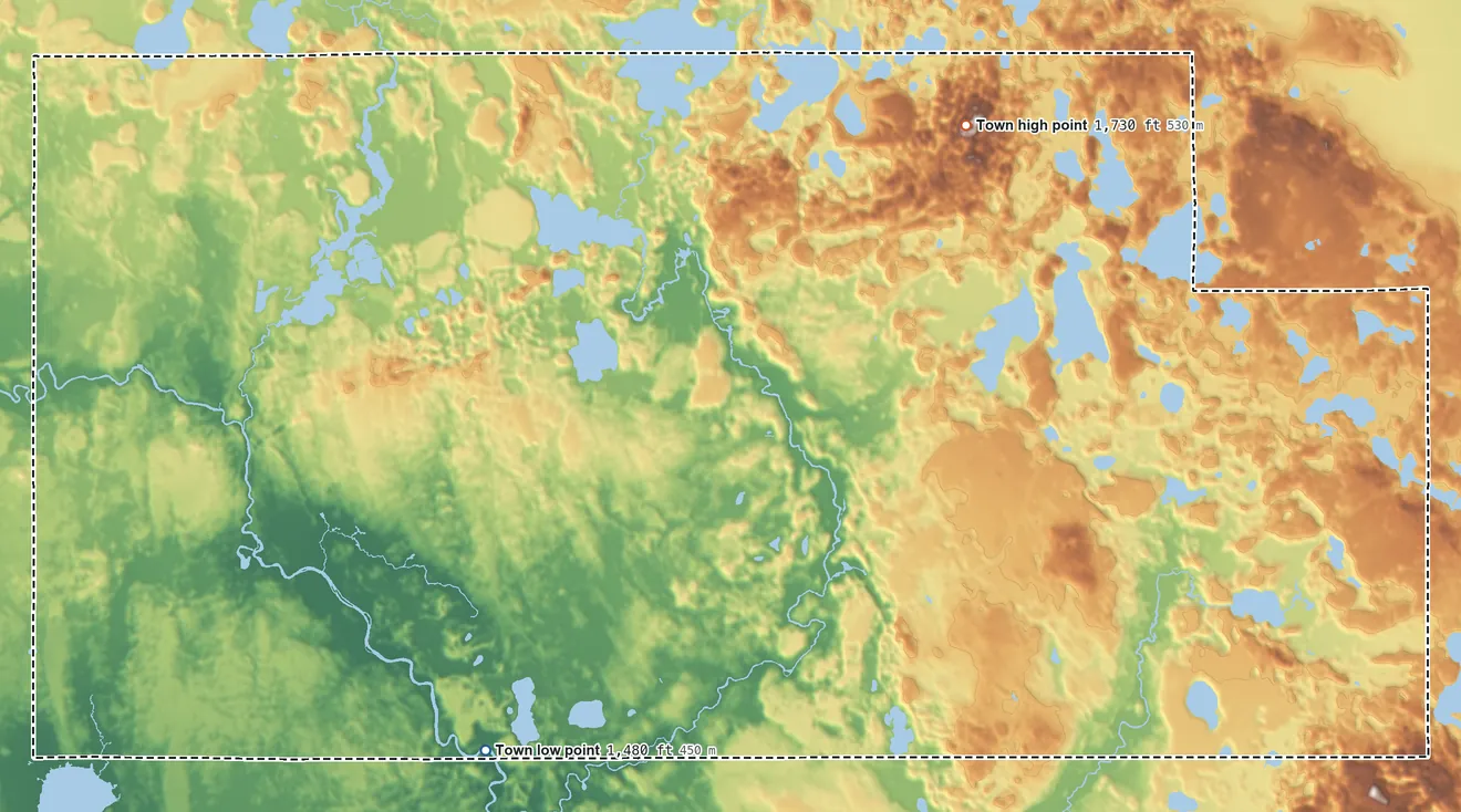 Topographic elevation map of Cassian, Wisconsin, shaded from 1,480 ft on the southwest side to 1,730 ft on the northeast side