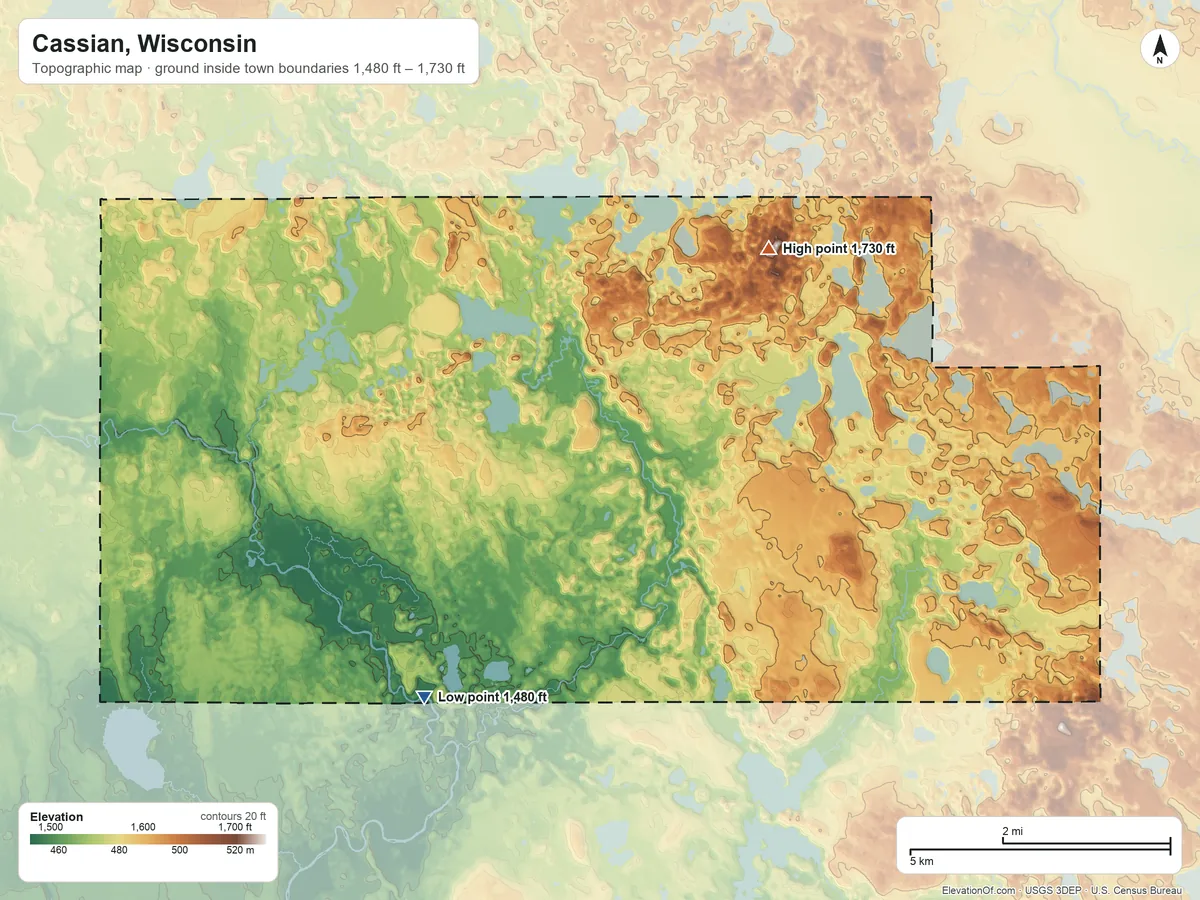 Topographic elevation map of Cassian, Wisconsin, shaded from 1,480 ft on the southwest side to 1,730 ft on the northeast side