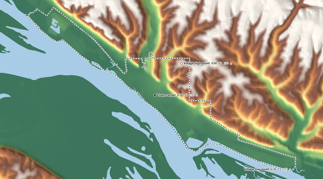 Topographic elevation map of Cassville, Wisconsin, shaded from 610 ft on the southeast side to 890 ft on the northeast side