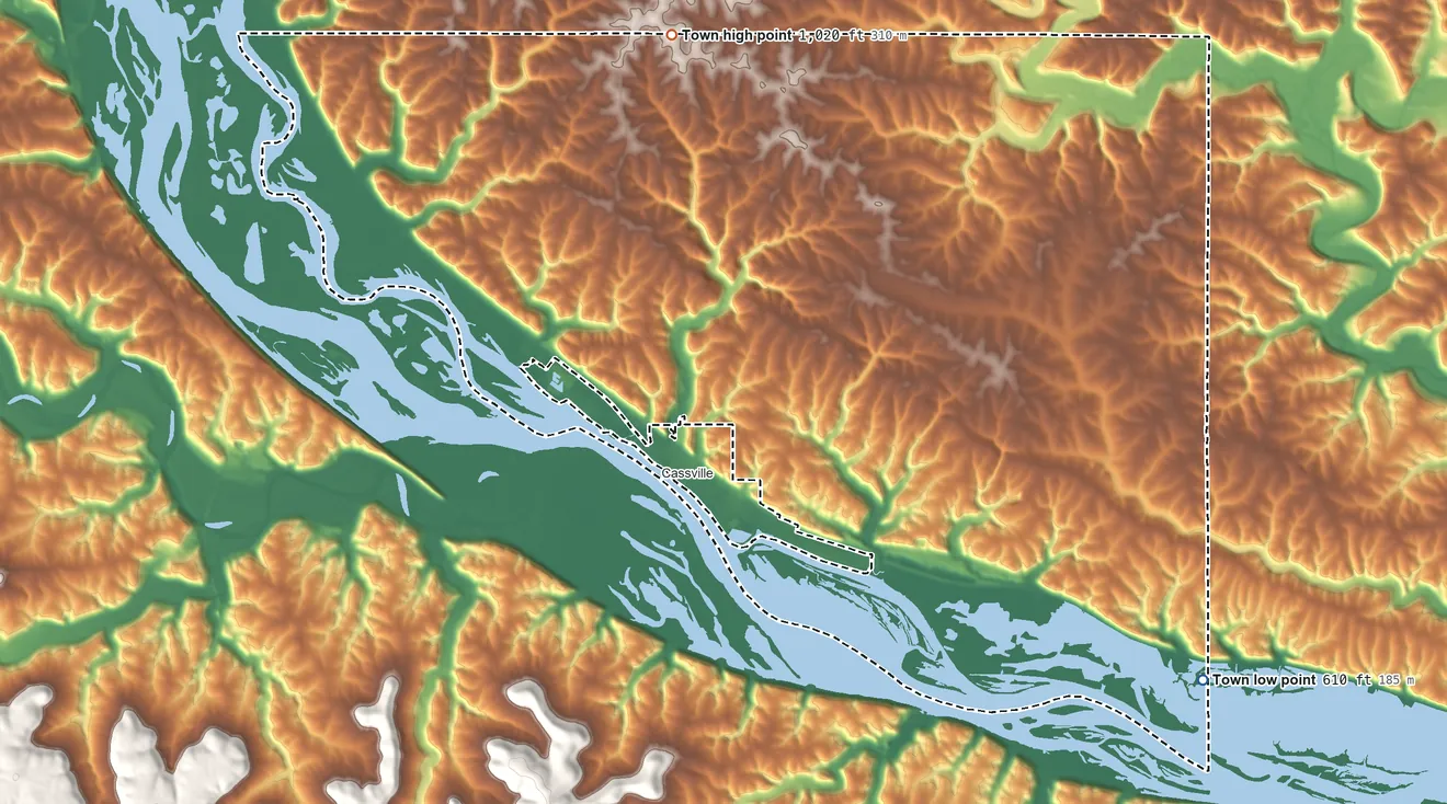 Topographic elevation map of Town of Cassville, Wisconsin, shaded from 610 ft on the southeast side to 1,020 ft on the northwest side