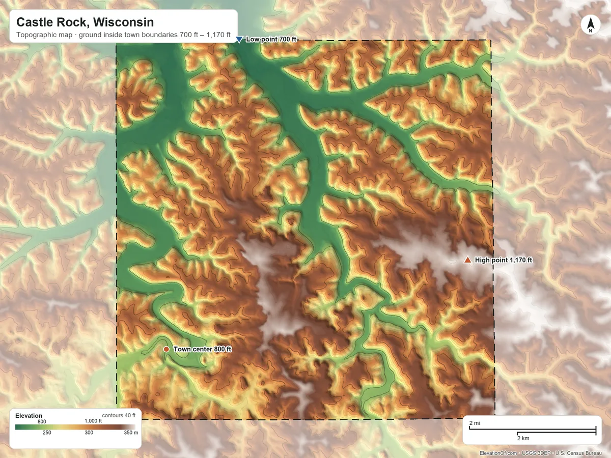Topographic elevation map of Castle Rock, Wisconsin, shaded from 700 ft on the north side to 1,170 ft on the east side