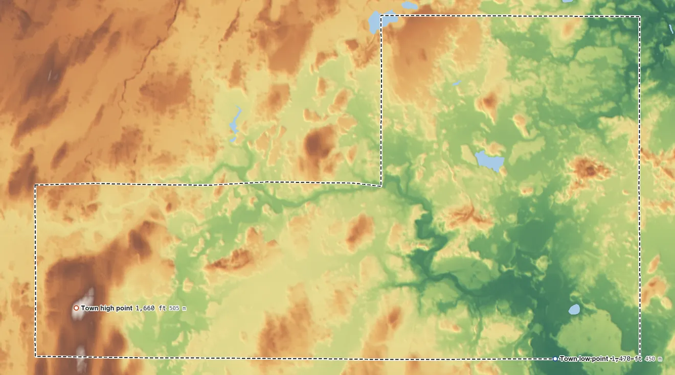 Topographic elevation map of Caswell, Wisconsin, shaded from 1,470 ft on the southeast side to 1,660 ft on the west side