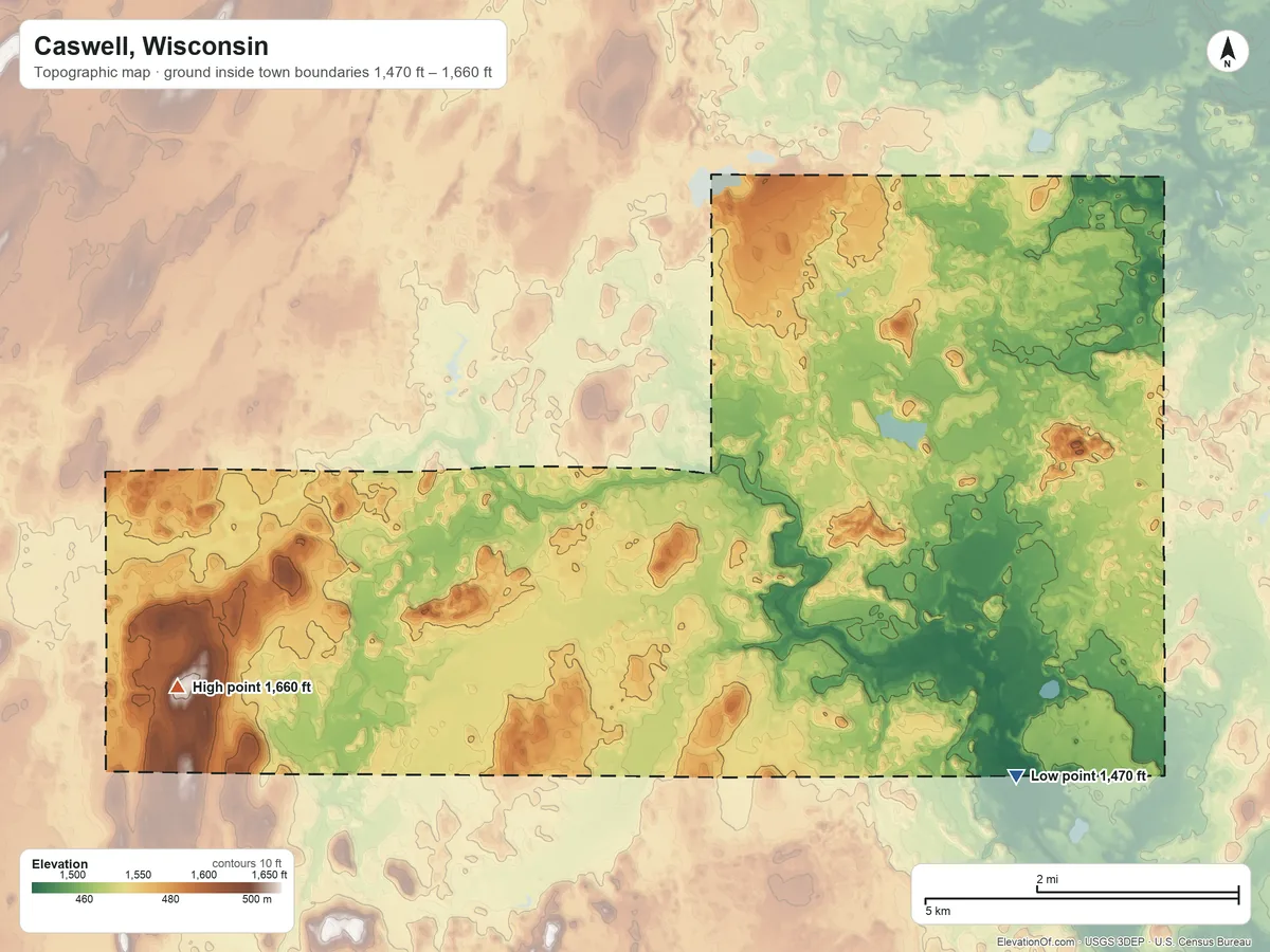 Topographic elevation map of Caswell, Wisconsin, shaded from 1,470 ft on the southeast side to 1,660 ft on the west side