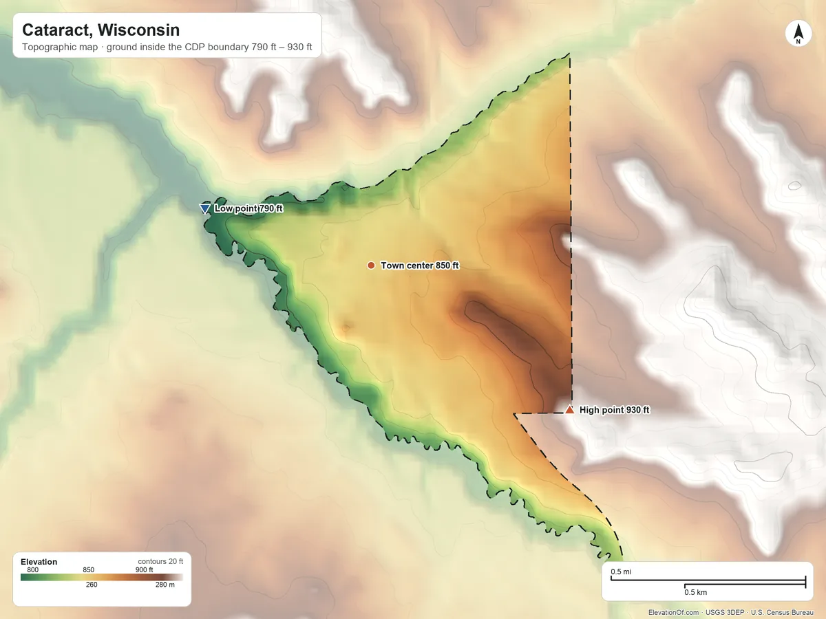 Topographic elevation map of Cataract, Wisconsin, shaded from 790 ft on the west side to 930 ft on the southeast side