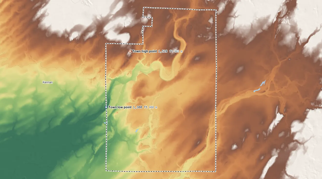 Topographic elevation map of Catawba, Wisconsin, shaded from 1,300 ft on the southwest side to 1,520 ft on the west side