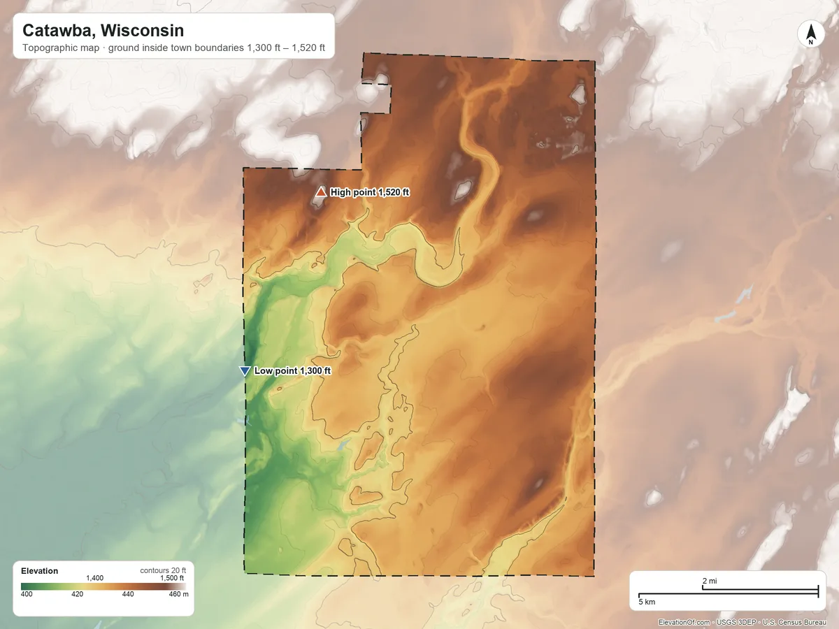 Topographic elevation map of Catawba, Wisconsin, shaded from 1,300 ft on the southwest side to 1,520 ft on the west side