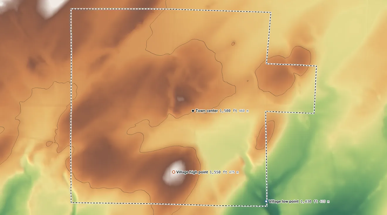 Topographic elevation map of Village of Catawba, Wisconsin, shaded from 1,430 ft on the southeast side to 1,550 ft on the south side