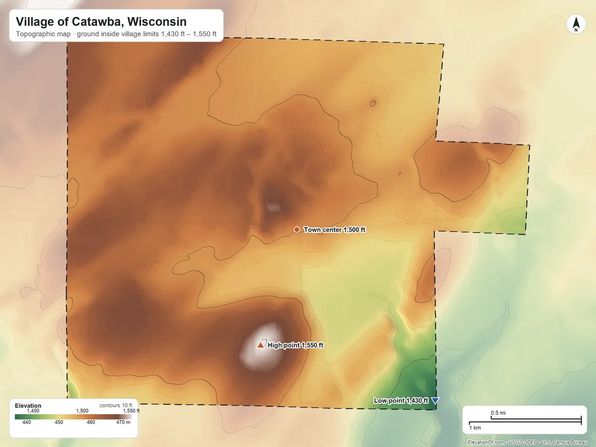 Topographic elevation map of Village of Catawba, Wisconsin, shaded from 1,430 ft on the southeast side to 1,550 ft on the south side