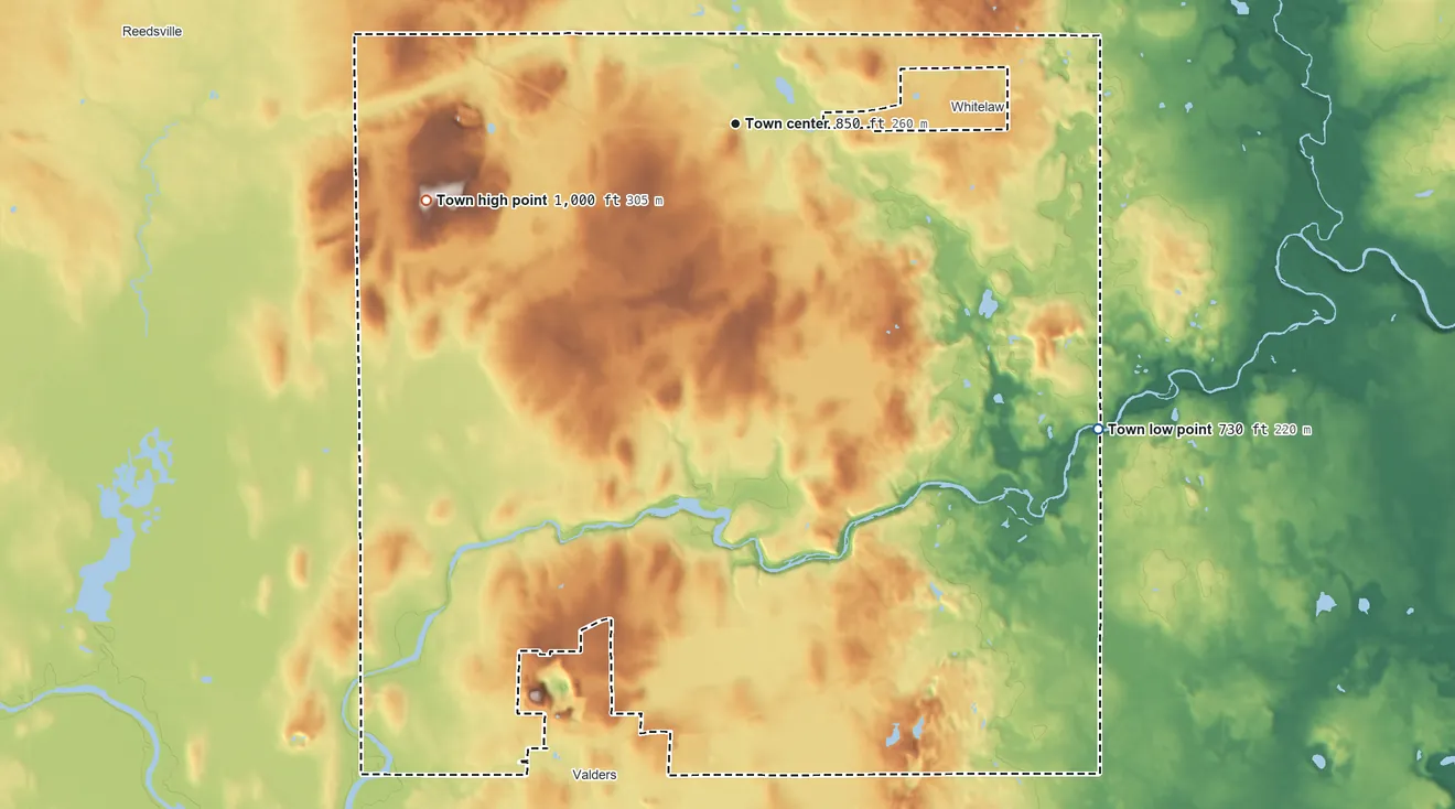Topographic elevation map of Cato, Wisconsin, shaded from 730 ft on the southeast side to 1,000 ft on the west side