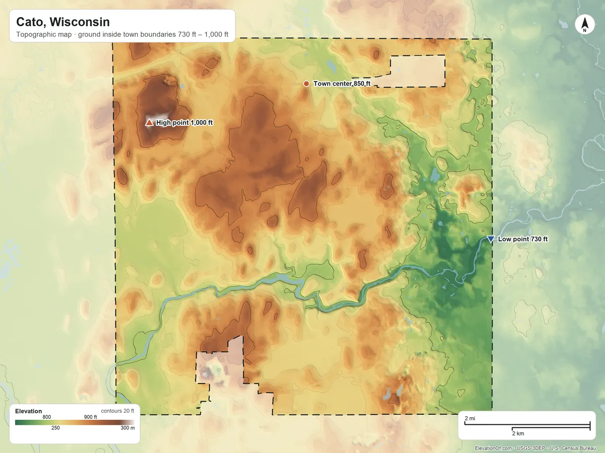 Topographic elevation map of Cato, Wisconsin, shaded from 730 ft on the southeast side to 1,000 ft on the west side