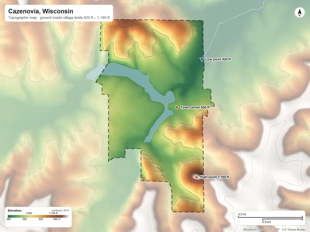 Topographic elevation map of Cazenovia, Wisconsin, shaded from 920 ft on the northeast side to 1,160 ft on the south side