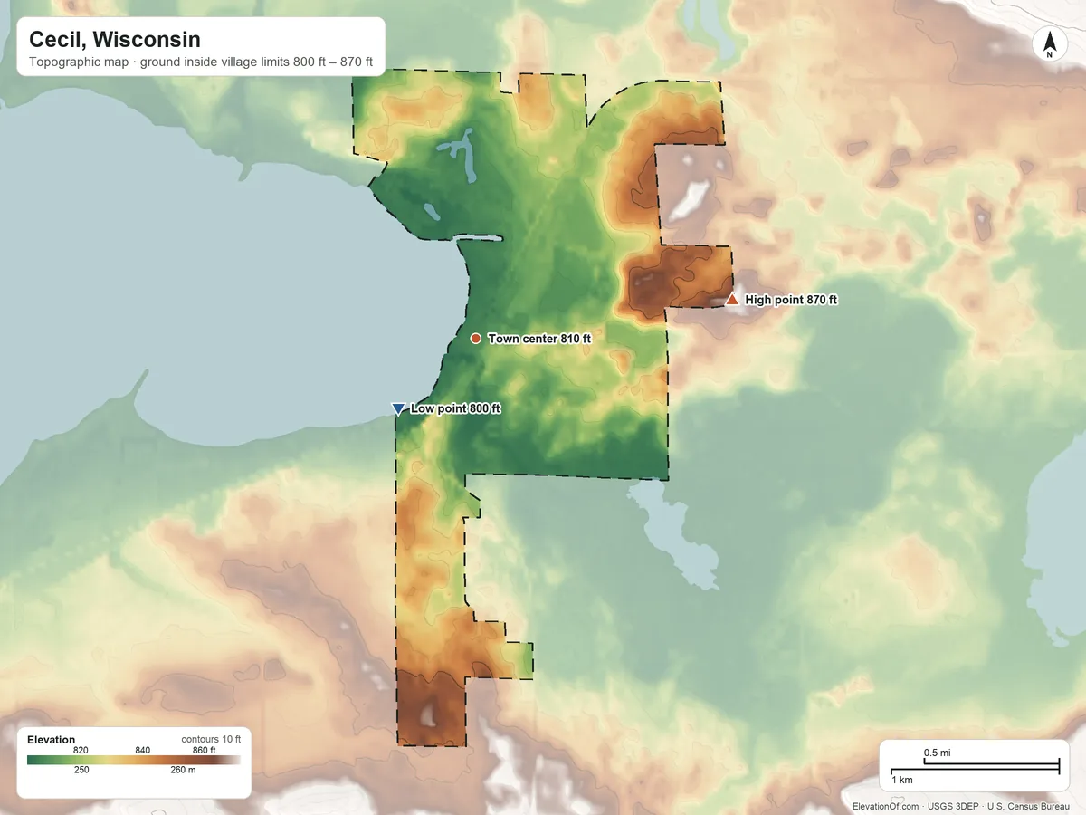 Topographic elevation map of Cecil, Wisconsin, shaded from 800 ft on the southwest side to 870 ft on the east side