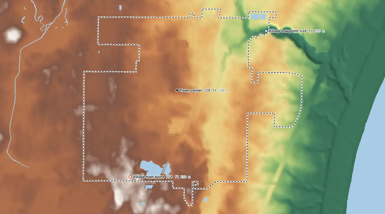 Topographic elevation map of Cedar Grove, Wisconsin, shaded from 640 ft on the northeast side to 750 ft on the southwest side