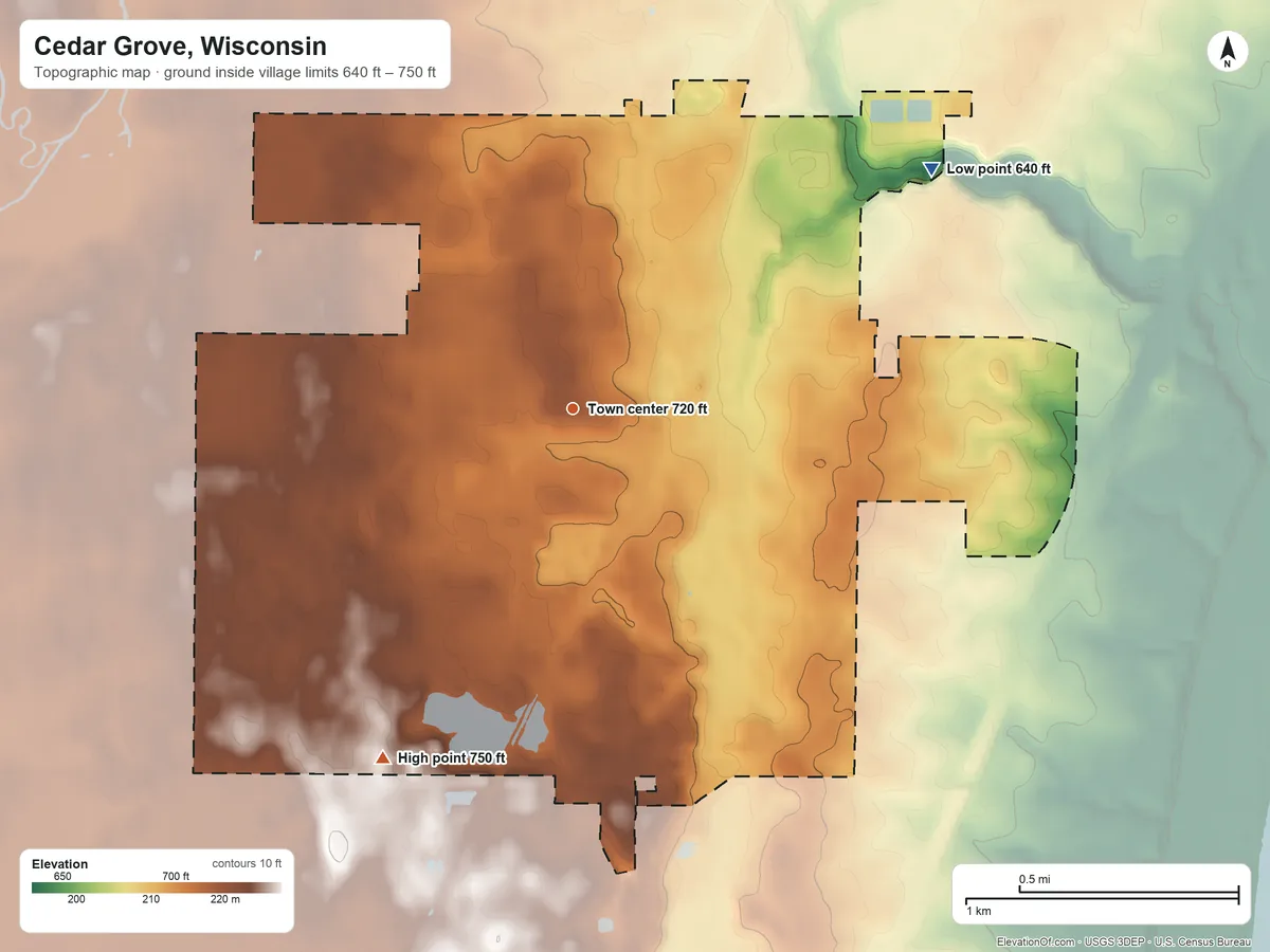 Topographic elevation map of Cedar Grove, Wisconsin, shaded from 640 ft on the northeast side to 750 ft on the southwest side
