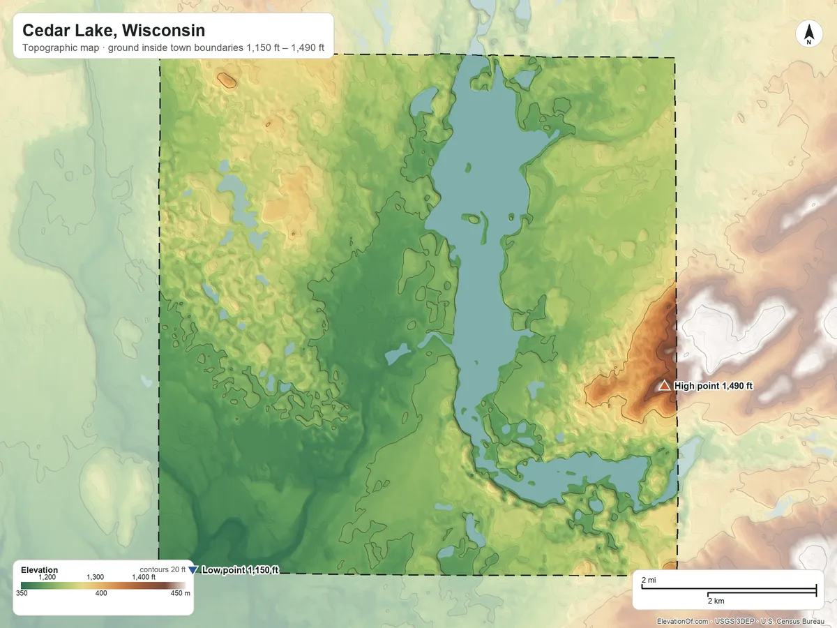 Topographic elevation map of Cedar Lake, Wisconsin, shaded from 1,150 ft on the southwest side to 1,490 ft on the east side