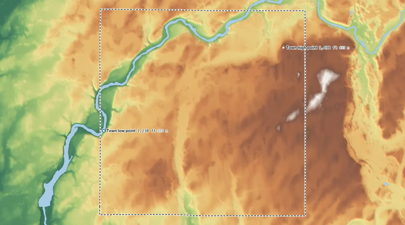 Topographic elevation map of Cedar Rapids, Wisconsin, shaded from 1,230 ft on the west side to 1,490 ft on the northeast side