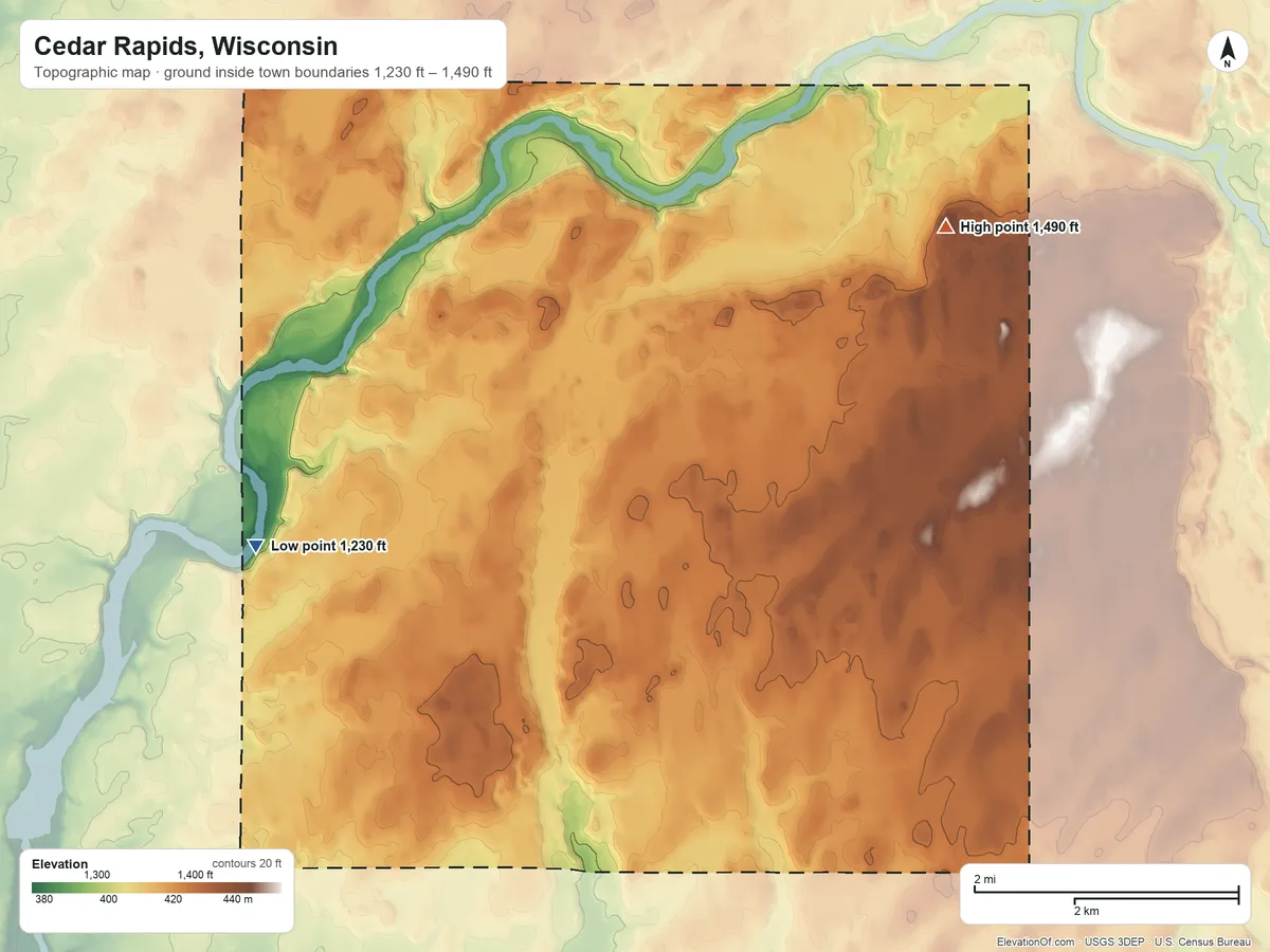 Topographic elevation map of Cedar Rapids, Wisconsin, shaded from 1,230 ft on the west side to 1,490 ft on the northeast side