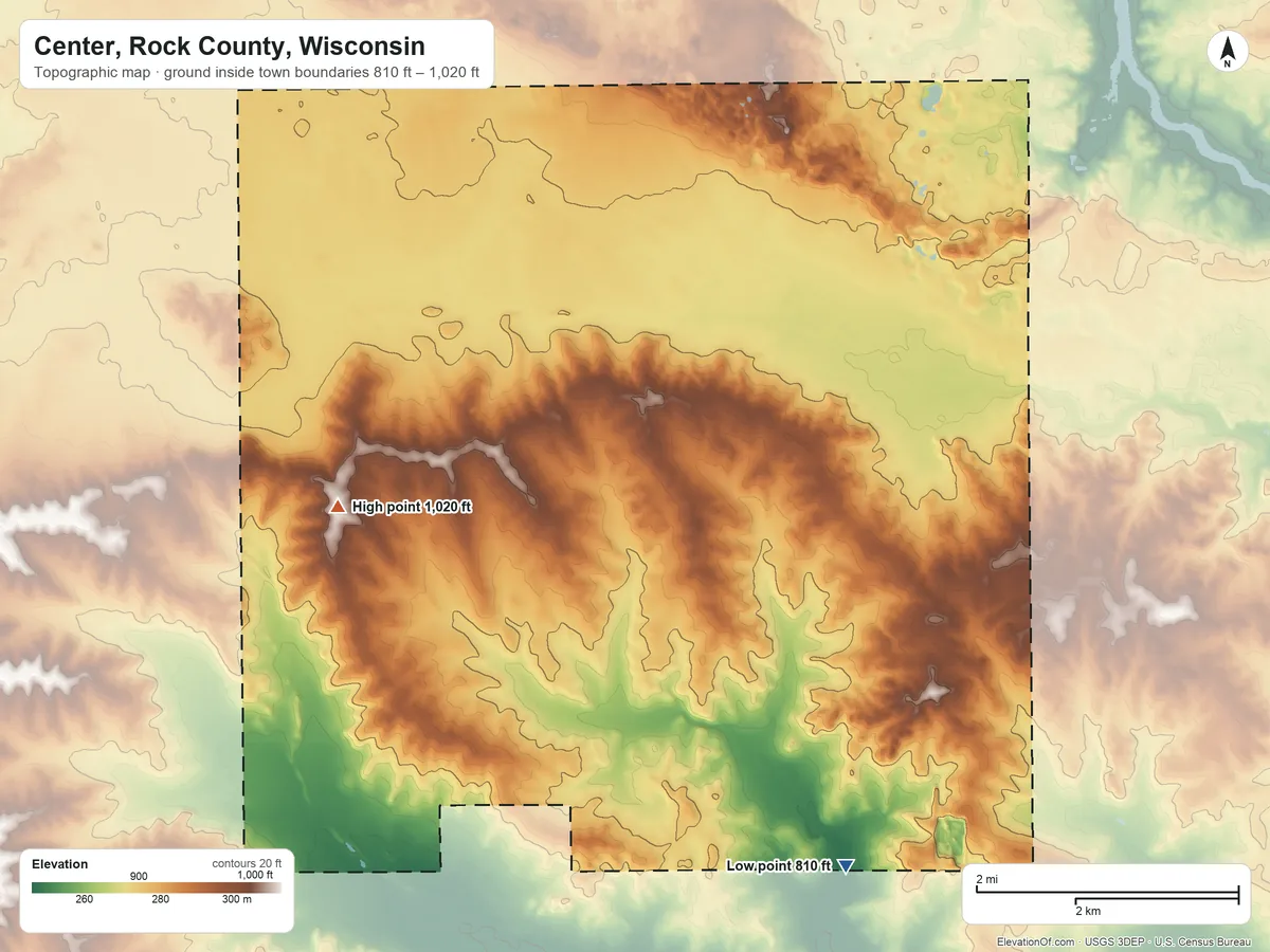 Topographic elevation map of Center, Rock County, Wisconsin, shaded from 810 ft on the south side to 1,020 ft on the west side