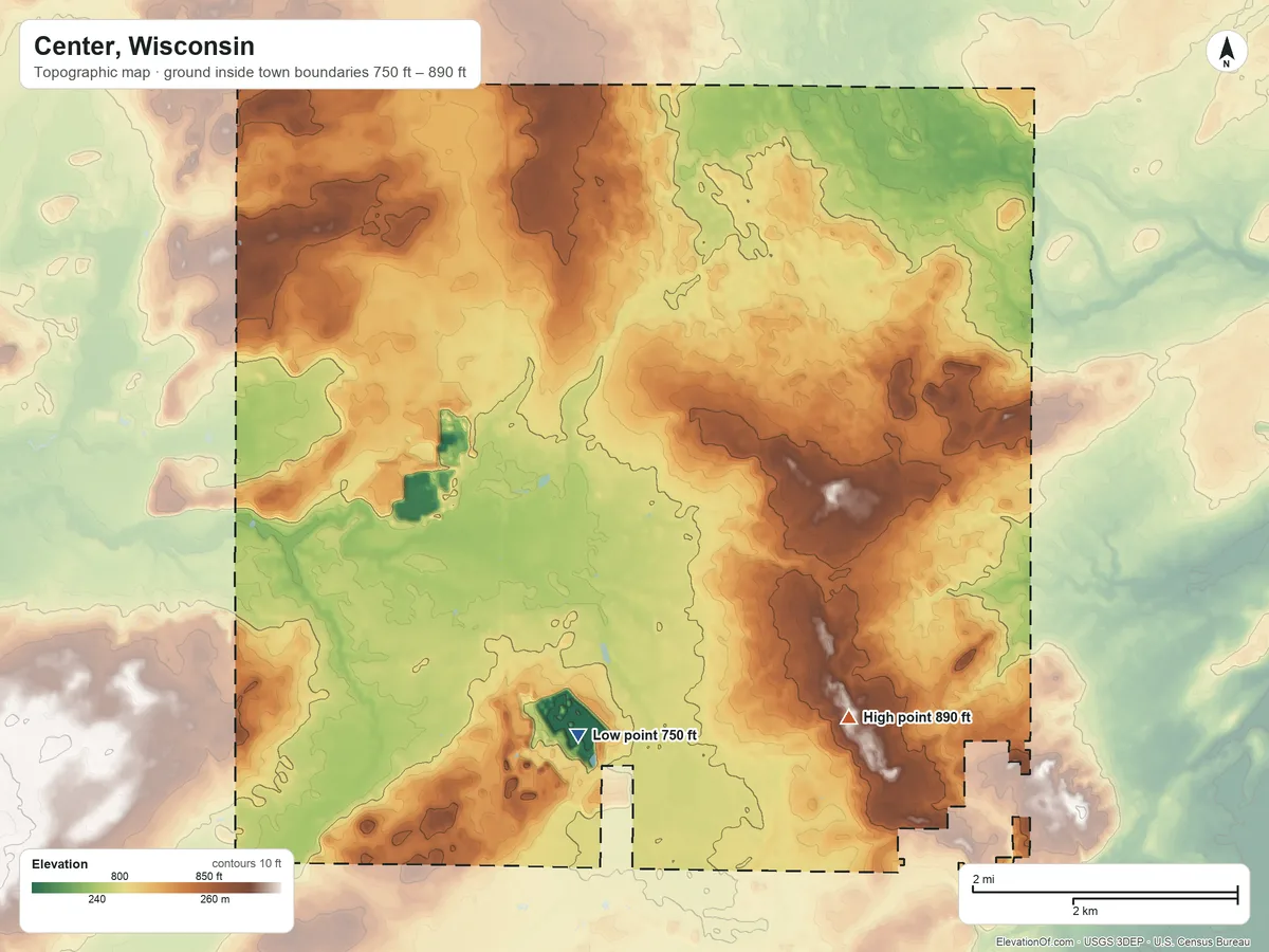 Topographic elevation map of Center, Wisconsin, shaded from 750 ft on the southwest side to 890 ft on the southeast side