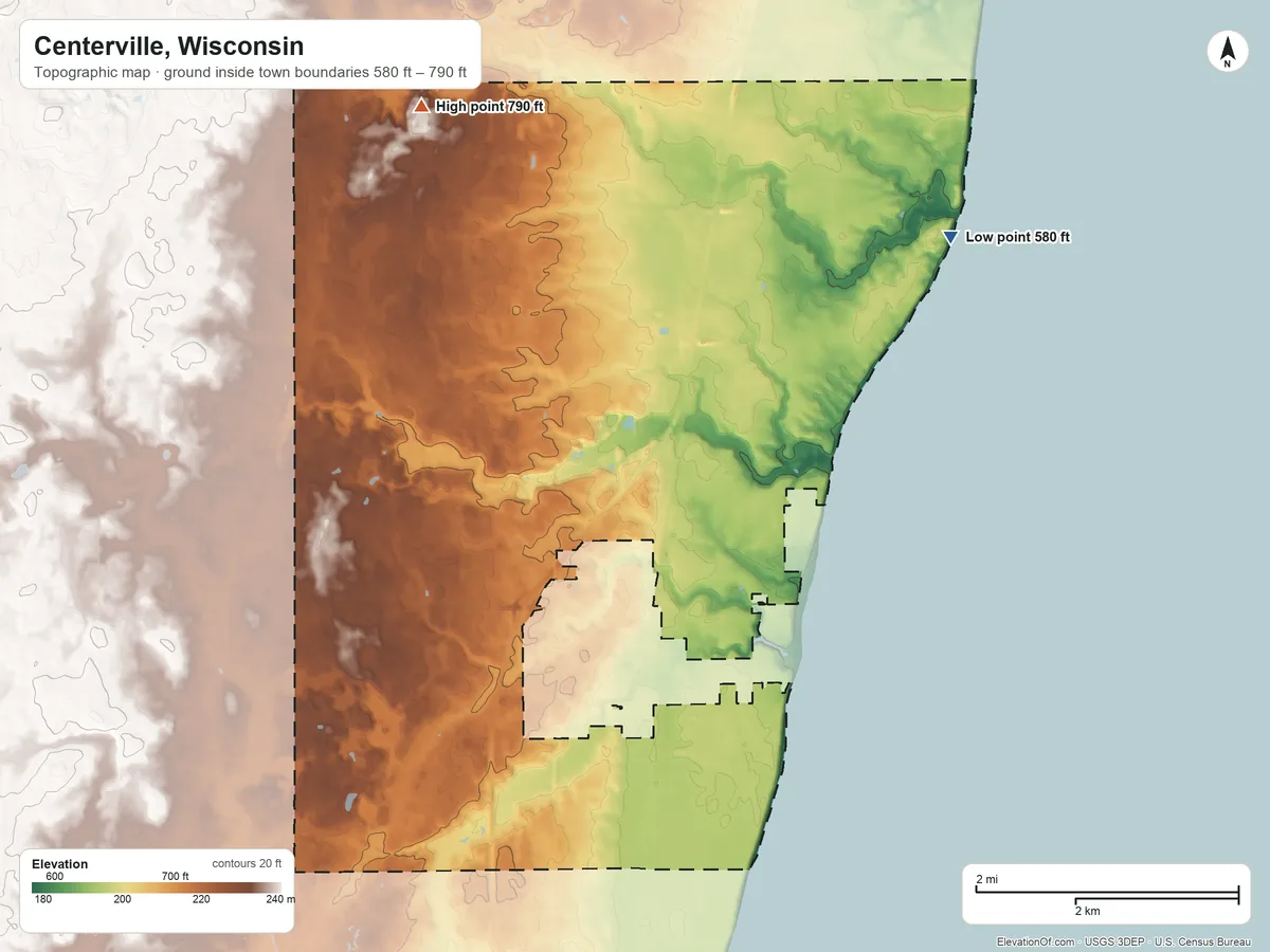 Topographic elevation map of Centerville, Wisconsin, shaded from 580 ft on the northeast side to 790 ft on the northwest side