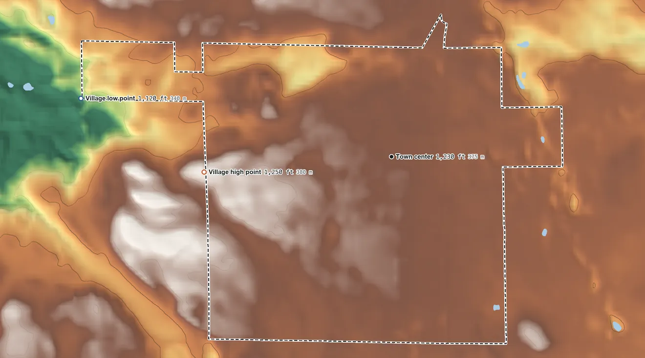 Topographic elevation map of Centuria, Wisconsin, shaded from 1,120 ft on the west side to 1,250 ft on the west side