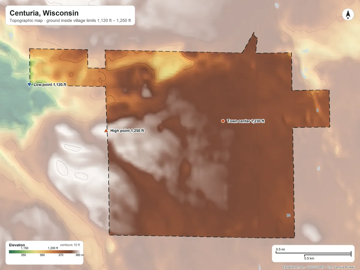 Topographic elevation map of Centuria, Wisconsin, shaded from 1,120 ft on the west side to 1,250 ft on the west side