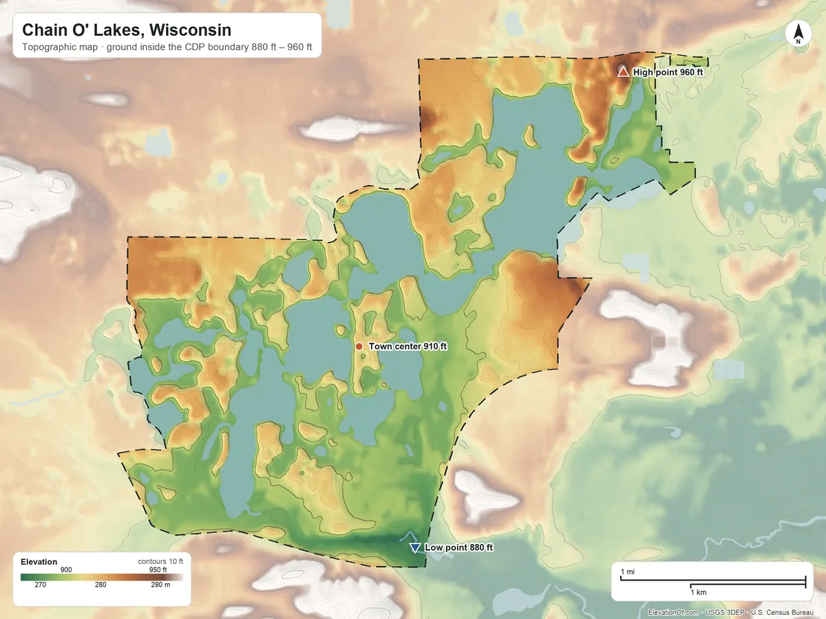 Topographic elevation map of Chain O' Lakes, Wisconsin, shaded from 880 ft on the south side to 960 ft on the northeast side