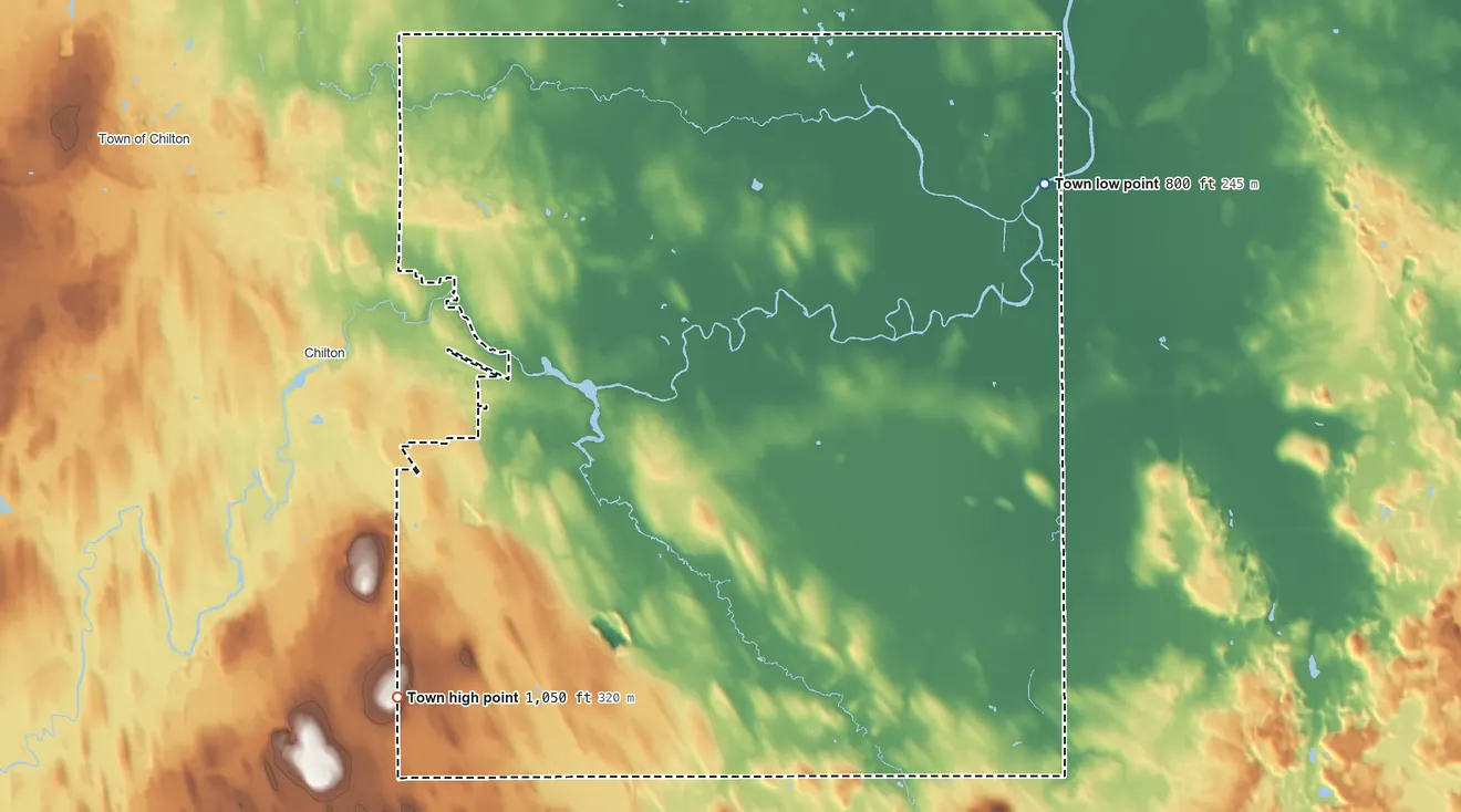 Topographic elevation map of Charlestown, Wisconsin, shaded from 800 ft on the northeast side to 1,050 ft on the southwest side