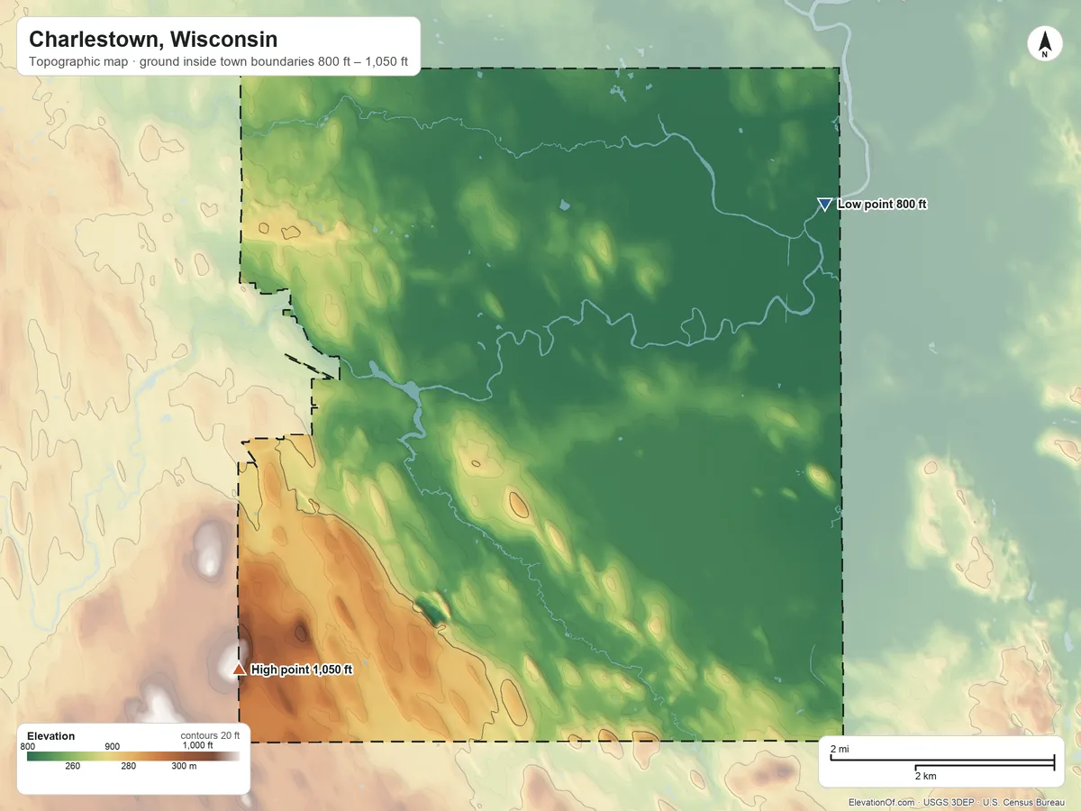 Topographic elevation map of Charlestown, Wisconsin, shaded from 800 ft on the northeast side to 1,050 ft on the southwest side